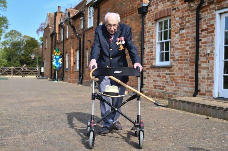 British World War II veteran Captain Tom Moore, who turns 100 on April 30, poses with his walking frame doing a lap of his garde