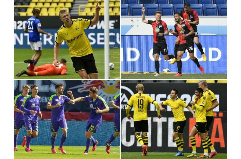Bundesliga players celebrating goals, some practising social distancing—such as Dortmund's Erling Braut, top left—and some not