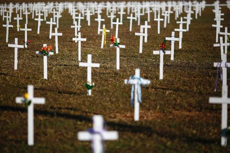 Crosses marking COVID-19 deaths are placed in front of the National Congress in Brasilia at a protest against Brazilian Presiden