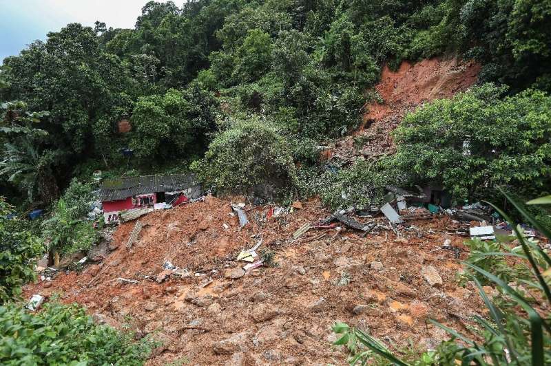 Destruction caused by a landslide in the Morro do Macaco Molhado favela in Guaruja, in Brazil's Sao Paulo state