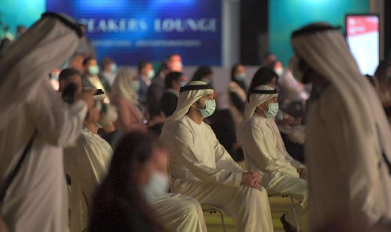 Dubai's Crown Prince Sheikh Hamdan bin Mohammed Al-Maktoum (C) attends the conference. Dubai hosts dozens of conventions every y