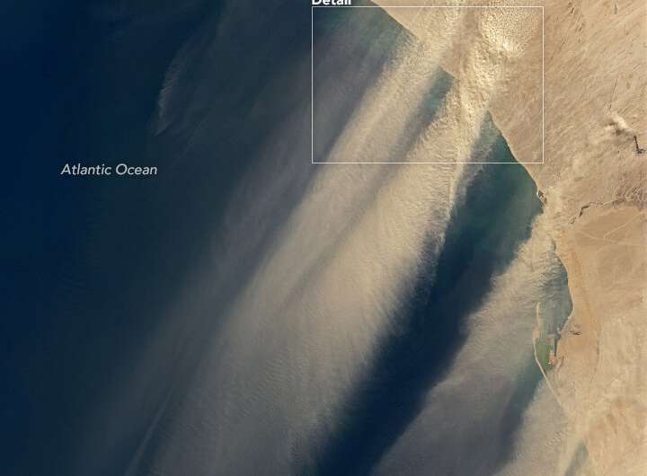 Dust seen streaming out of Namibia into the Atlantic Ocean