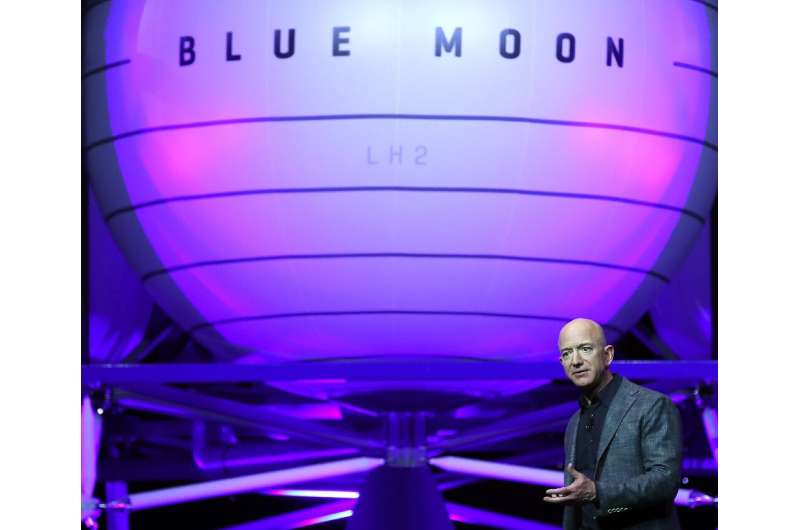 Jeff Bezos, owner of Blue Origin, introduces a new lunar landing module called Blue Moon during an event at the Washington Conve