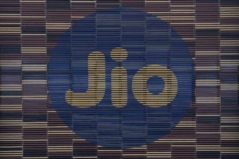 Jio's logo is seen on the front of the company's Jio World Centre in Navi, Mumbai, after Facebook said it had taken a $5.7 billi