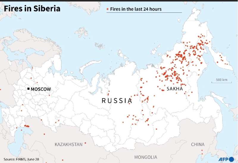 Map of Russia showing fires in Sibera during the last 24 hours