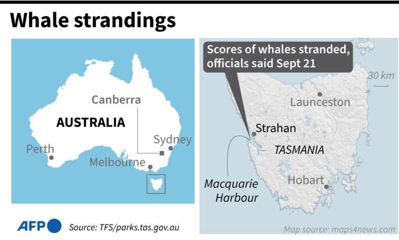 Map showing Macquarie Harbour on the Australian island of Tasmania, where hundreds of whales have become stranded, according to 