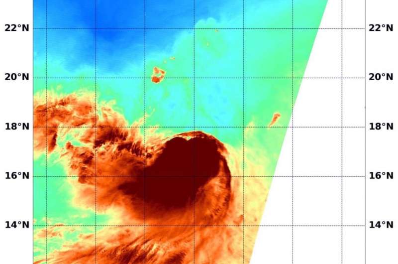 NASA's water vapor analysis of Tropical Storm Karina shows wind shear effects
