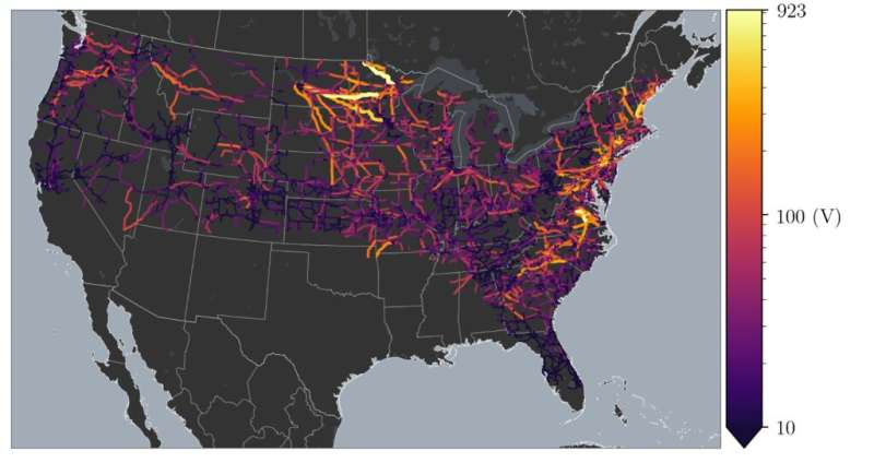 New geoelectric hazard map shows potential vulnerability to high-voltage power grid for two-thirds of the U.S.