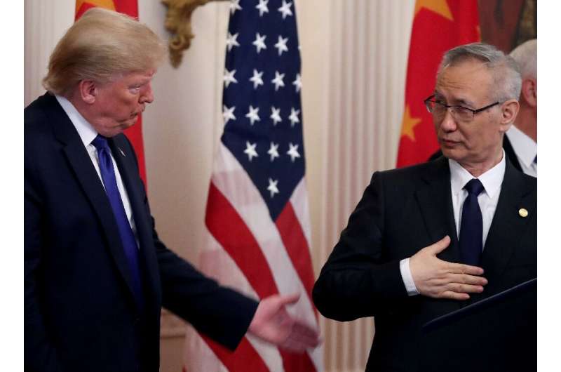 President Donald Trump stands with Chinese Vice Premier Liu He, before signing a preliminary trade deal between the US and China