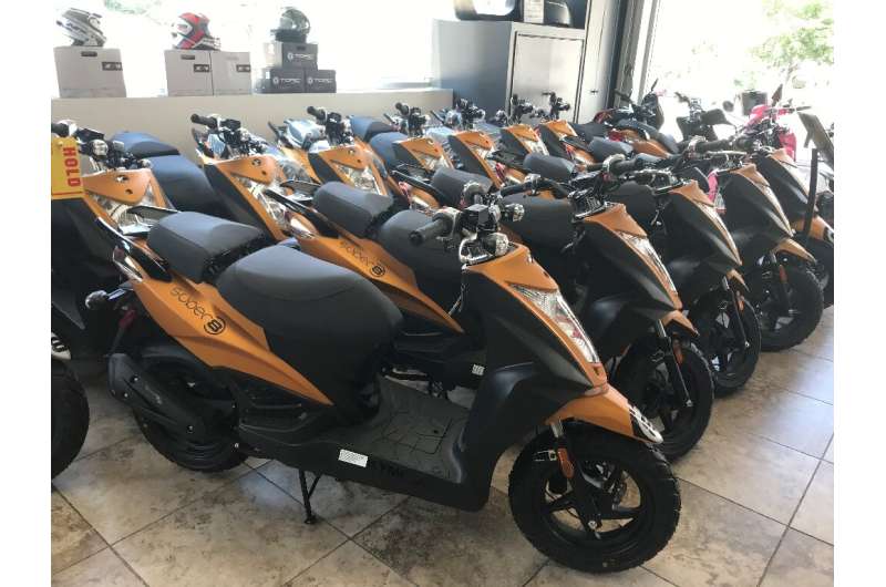 Scooters are seen in the Unik Moto shop on July 30, 2020 in Long Island City