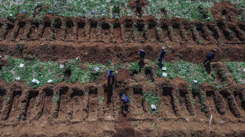 Staff dig graves at Vila Formosa cemetery, in outskirts of Sao Paulo, Brazil