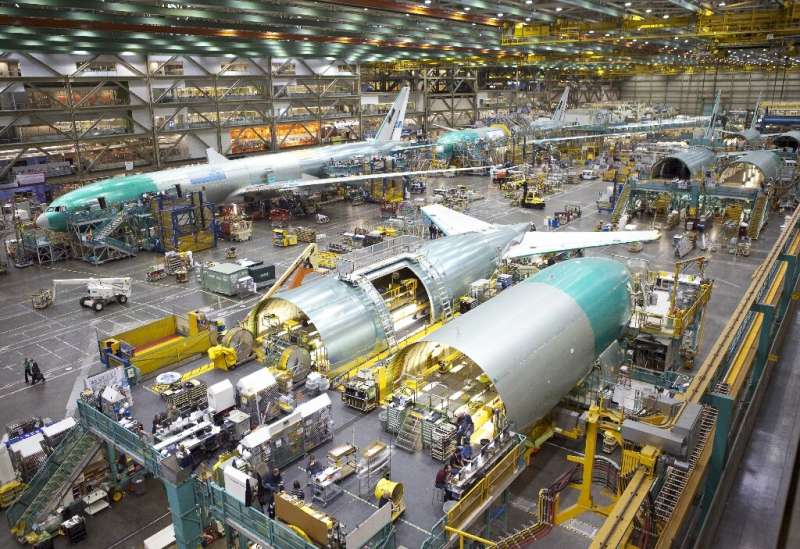 The Boeing 777 assembly line in Everett, Washington is pictured in 2012