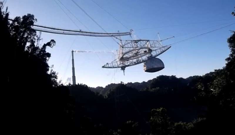 The instrument platform of the Arecibo Observatory telescope falls through the air after cables broke