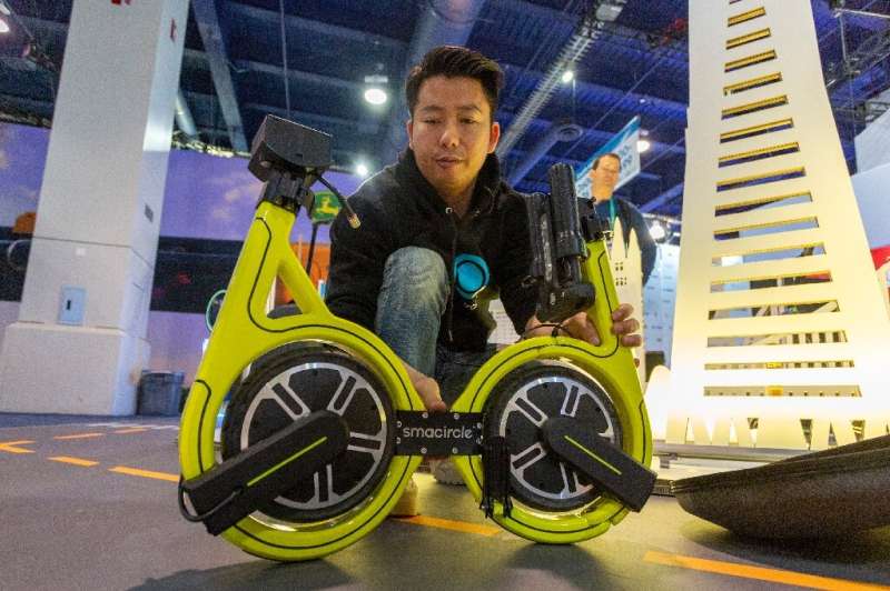The Smacircle S1 micro-mobility bike, shown at the 2020 Consumer Electronics Show, can fold up and fit into a backpack or commut