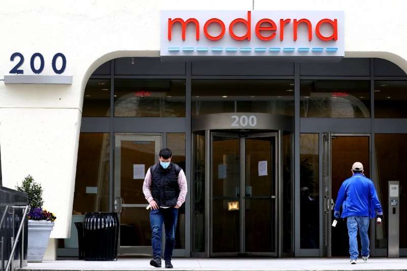 This file photo taken on May 8, 2020 shows the headquarters of the Moderna biotechnology firm in Cambridge, Massachusetts; the U