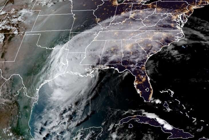 This RAMMB/CIRA satellite image shows Hurricane Delta over the US Gulf Coast on October 9, 2020