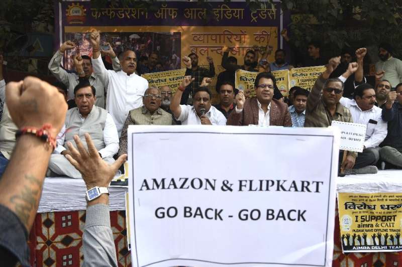 Traders protested in November 2019 against the market dominance of e-commerce giants Amazon and Flipkart