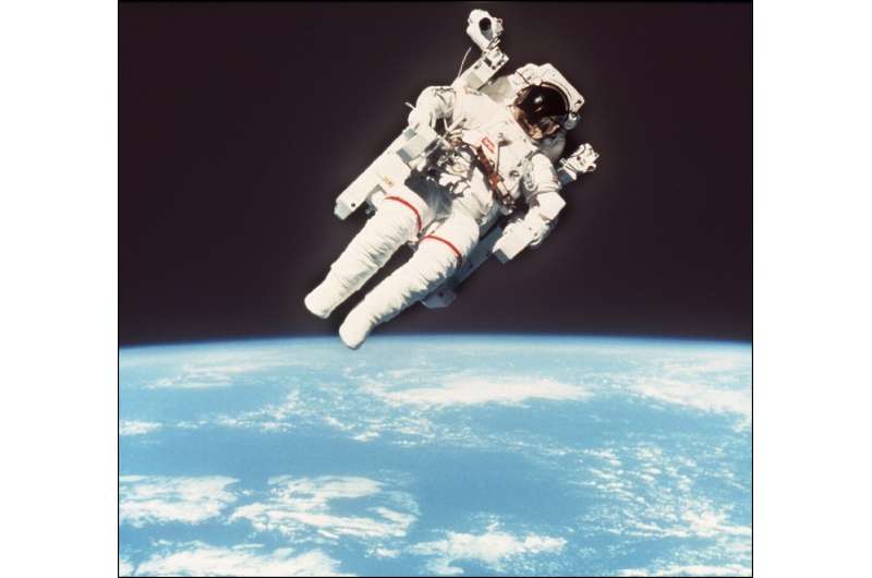US astronaut Bruce McCandless flies freely and untethered in space, on February 7, 1984