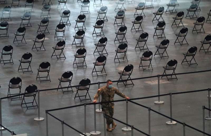 A member of the National Guard inside a Covid-19 vaccination center in New York on April 6, 2021