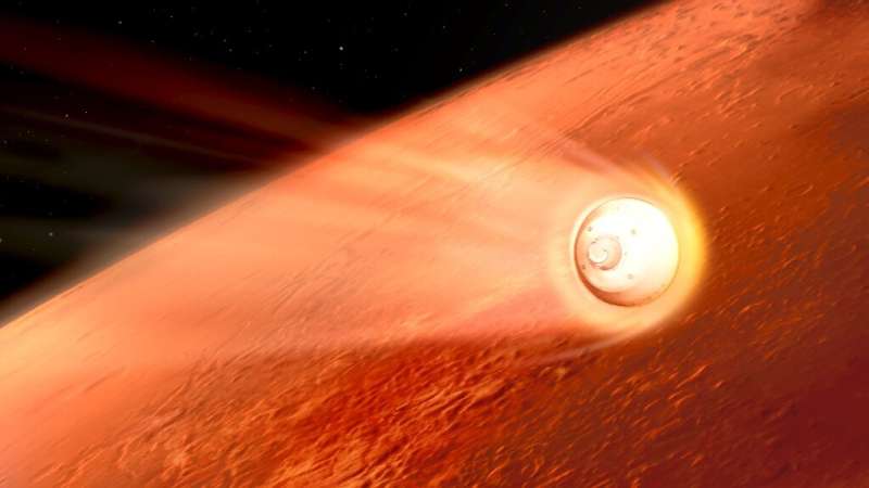 A NASA illustration of the Mars 2020 spaceship during its descent into the Martian atmosphere
