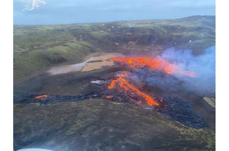 Lava flowing from the erupting Fagradalsfjall volcano