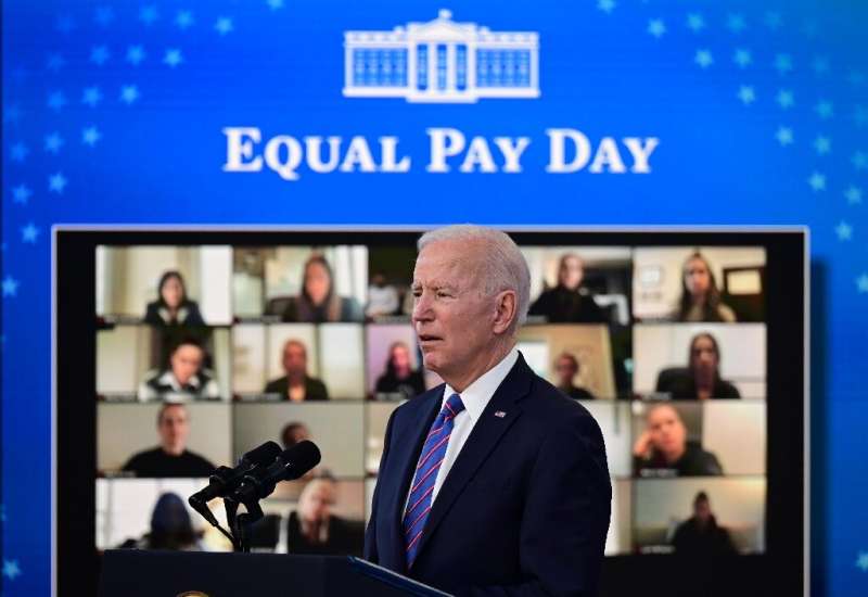 US President Joe Biden speaks during an Equal Pay Day event in the South Court Auditorium of the White House in Washington DC