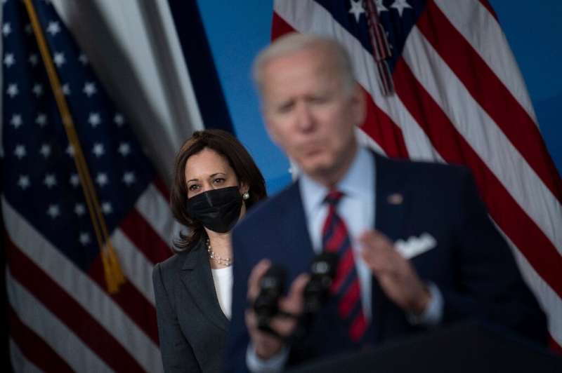 US President Joe Biden, with Vice President Kamala Harris, speaks about infrastructure investment from the Eisenhower Executive 
