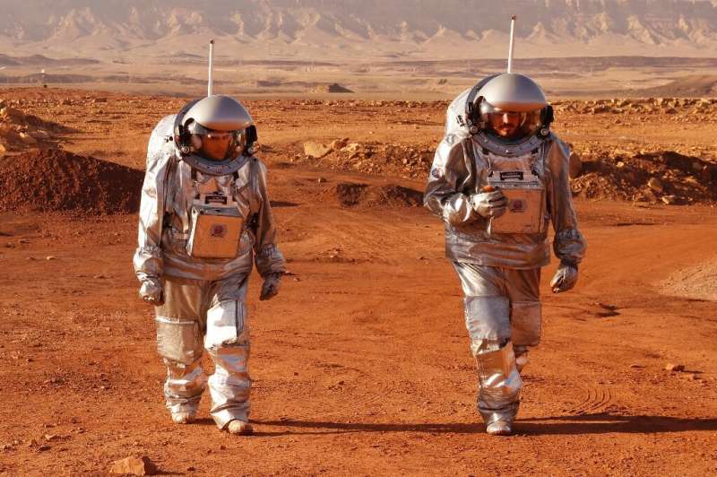 A couple of trainee astronauts walk in their spacesuits during a training mission for planet Mars inside the Ramon Crater in Mit
