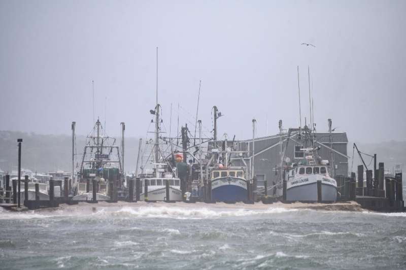 A general view shows boats in Montauk harbour as Tropical Storm Henri passes Long Island on August 22, 2021