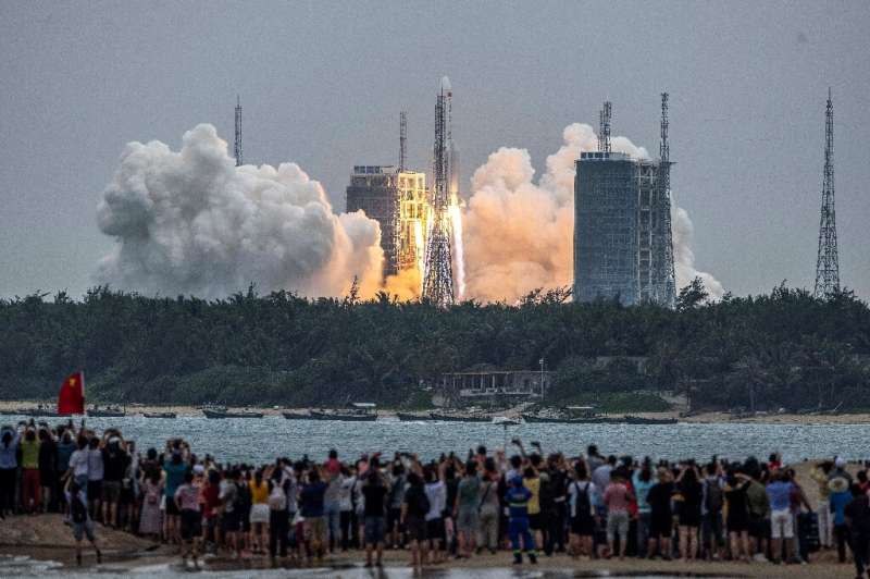 A Long March 5B rocket carrying China's Tianhe space station core module lifts off from the Wenchang Space Launch Center on Apri