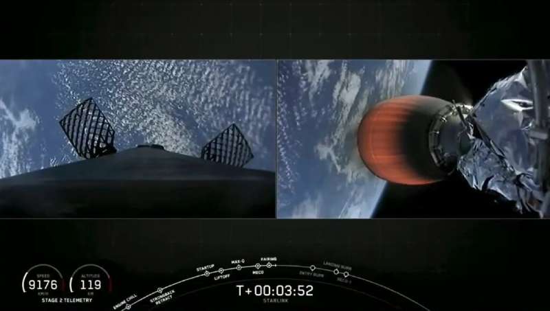A NASA TV video frame grab shows the SpaceX Falcon 9 fourth Starlink constellation after entry burn, before it separates, after 
