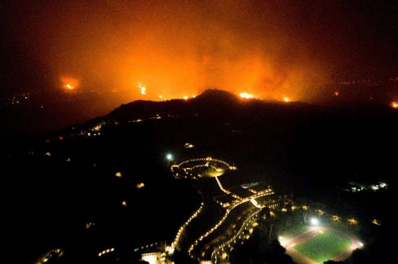 A wildfire approaches the Olympic Academy in ancient Olympia in western Greece on August 4, 2021