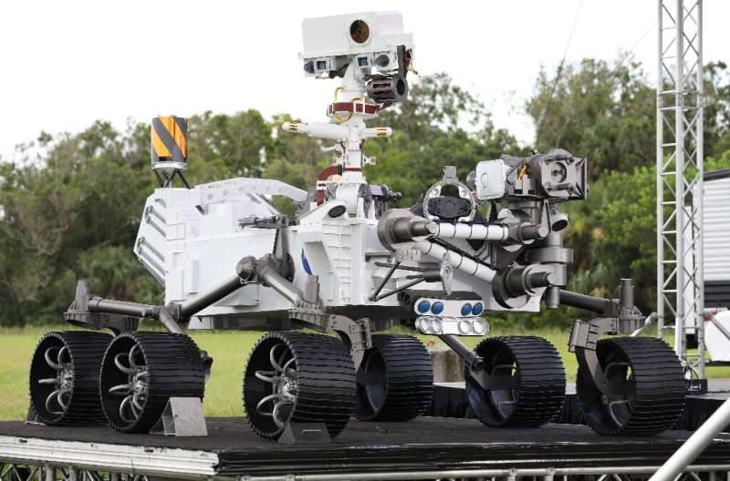 A close-up view of a full size model of the Perseverance rover is on display at Cape Canaveral Air Force Station in Florida