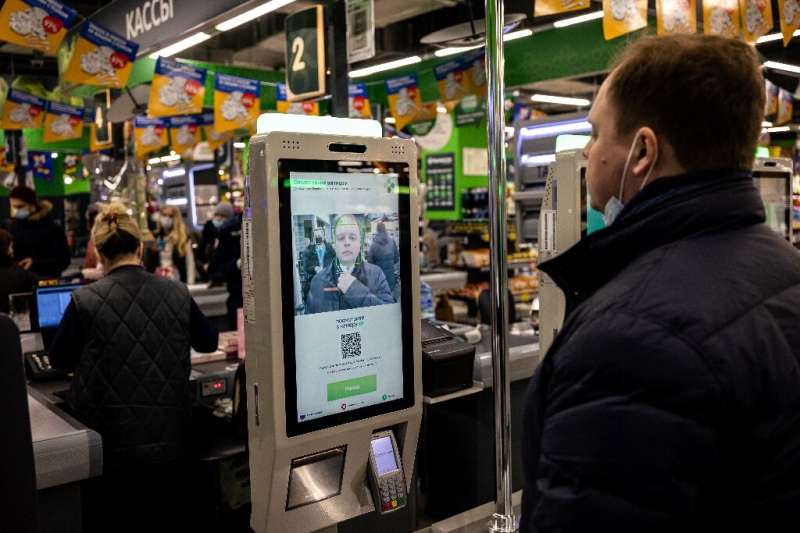 A facial recognition payment system at a  self-checkout machine in a Perekrestok supermarket in Moscow