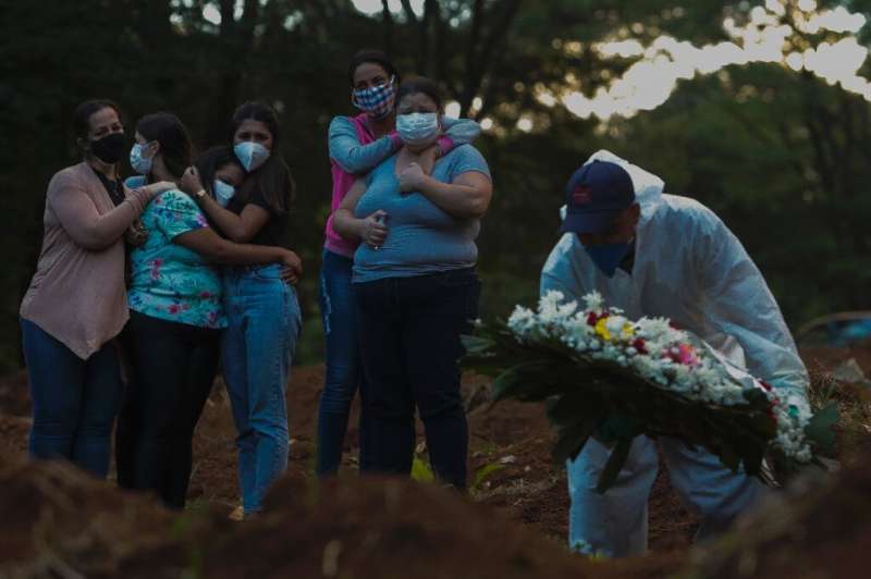 A family buries a relative who dies of Covid at a cemetery in Sao Paulo, Brazil on March 31, 2021
