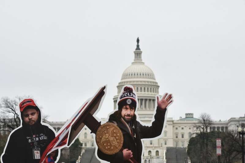 An effigy of former Twitter CEO Jack Dorsey dressed as a January 6, 2021, insurrectionist is placed near the US Capitol in Washi