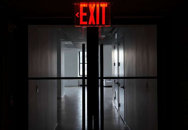 An office building lies empty in midtown Manhattan