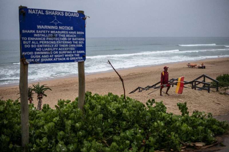 A shark warning notice board at Umgababa Beach near Durban