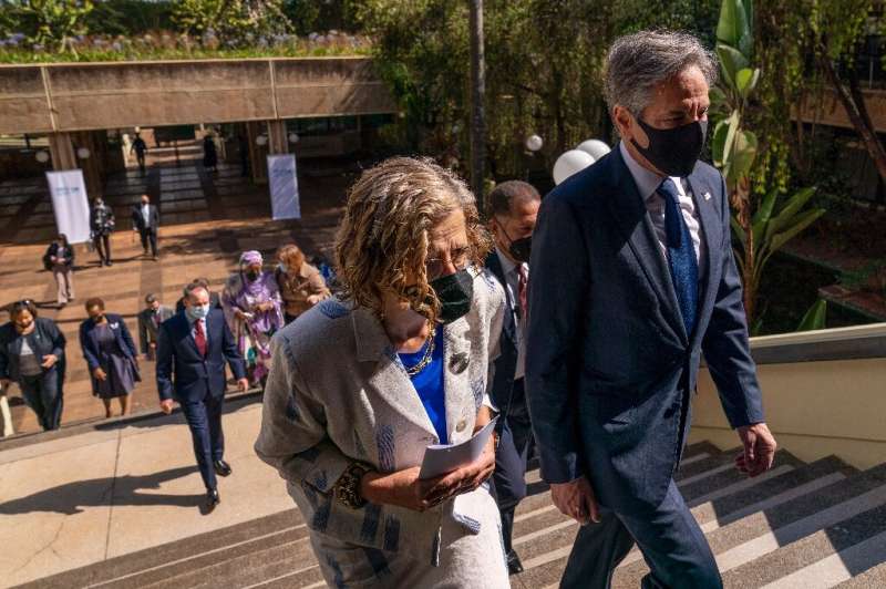 Blinken is pictured with United Nations Environment Programme chief Inger Andersen during a trip to Nairobi