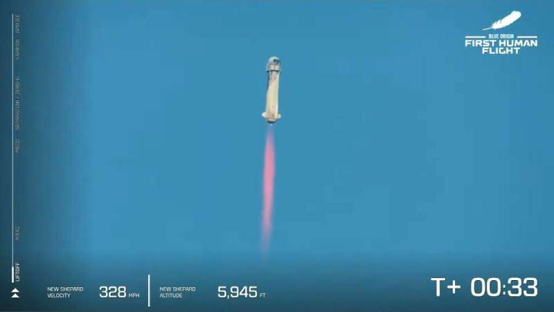 Blue Origin's reusable New Shepard craft launches into space from the desert in west Texas carrying Jeff Bezos and three other c