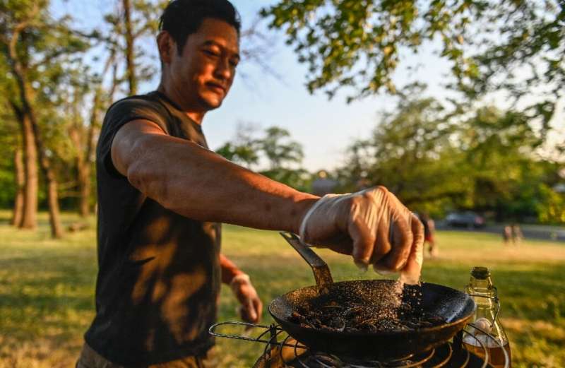 Chef Bun Lai seasons cicadas with salt as he fries them at Fort Totten Park in Washington