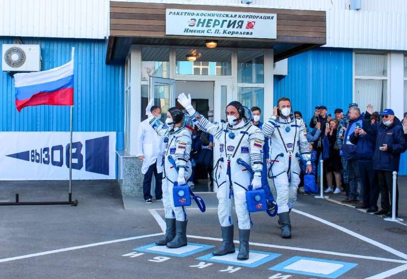 Cosmonaut Anton Shkaplerov, actress Yulia Peresild and film director Klim Shipenko took off from the Russia-leased Baikonur Cosm