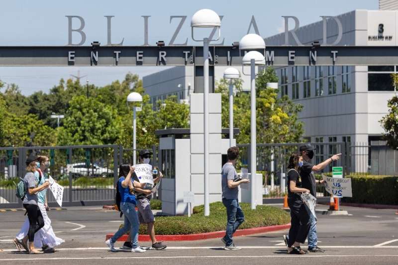 Employees of the video game company Activision Blizzard hold a walkout on July 28, 2021 to protest against sexism and harassment