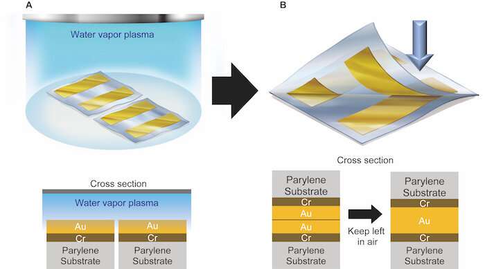 Fabrication of flexible electronics improved using gold and water-vapor plasma