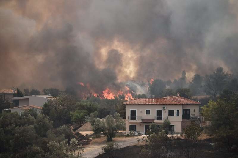 Flames near houses as a fire spreads in the village of Afidnes, some 30 kilometres north of Athens