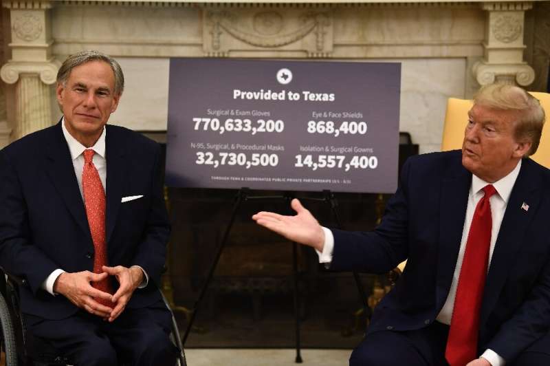 In this file photo former US President Donald Trump meets with Texas Governor Greg Abbott on May 7, 2020, in the Oval office of 