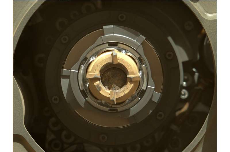 In this image released by NASA, Perseverance rover shows a sample tube with its cored-rock contents inside; the bronze-colored o