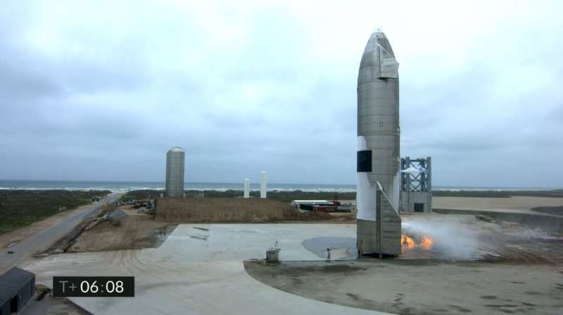In this photo screengrab made from SpaceX's live webcast shows the Starship SN15 after landing in Boca Chica, Cameron County, Te