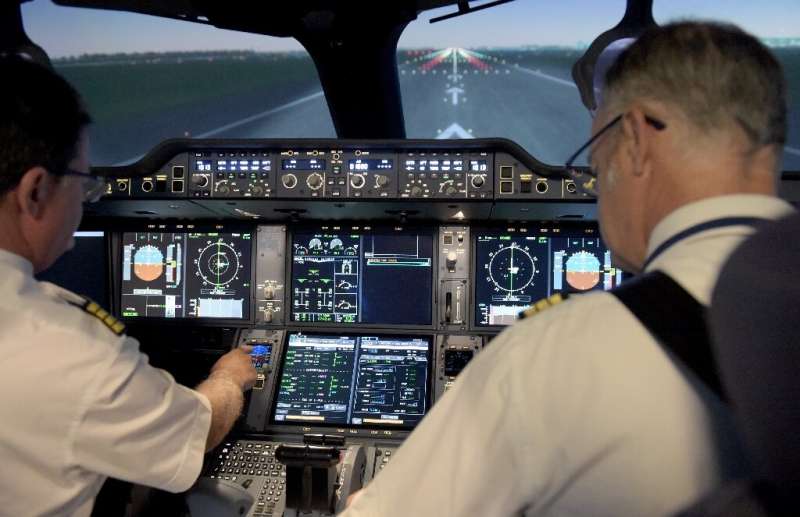 It looks and feels completely real but here two Air France pilots prepare for take-off on a flight simulator, used by airlines t