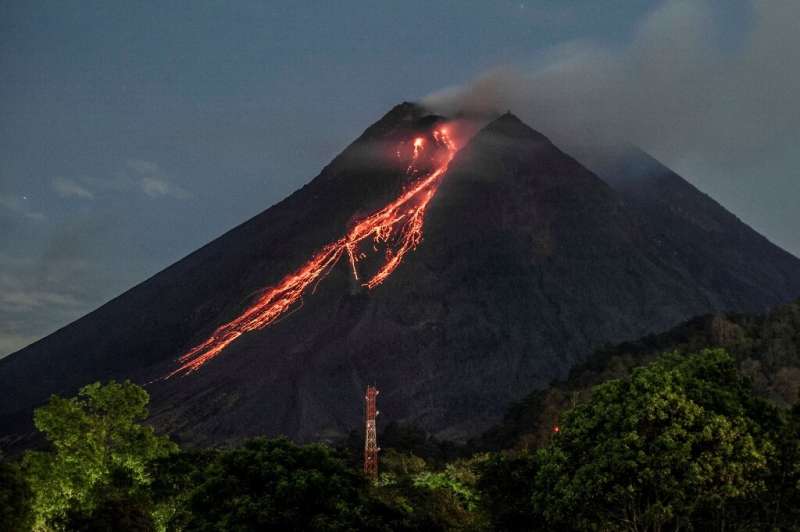 Lava flows down from the crater of Mount Merapi in Yogyakarta, Indonesia